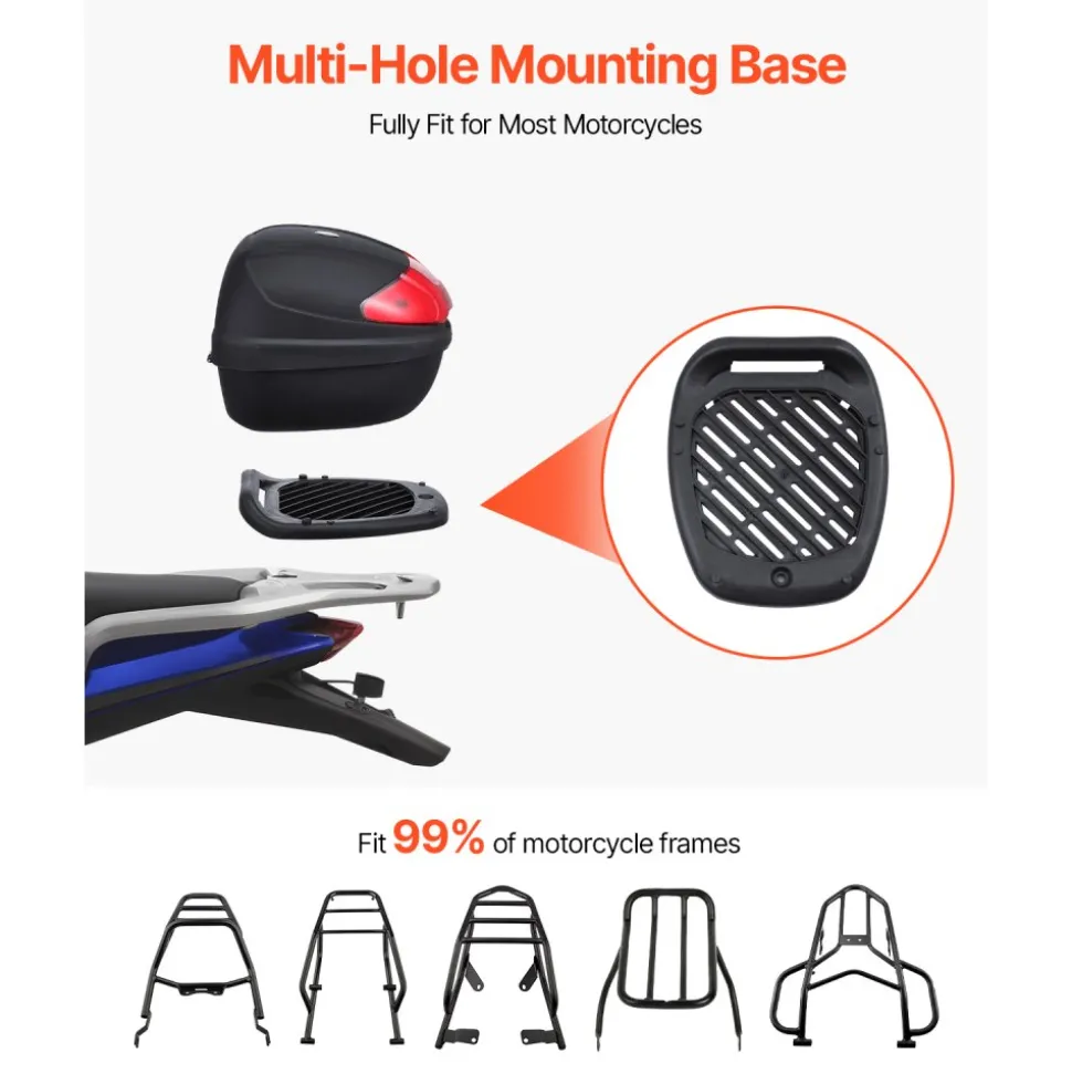 VEVOR Motorcycle Top Case, Universal Durable PP Material Motorbike Tail Box with Reflective Panel, 62L Waterproof Detachable Motorcycle Top Box with Multi-Hole Base, Fit for 99% of Motorcycle Frames