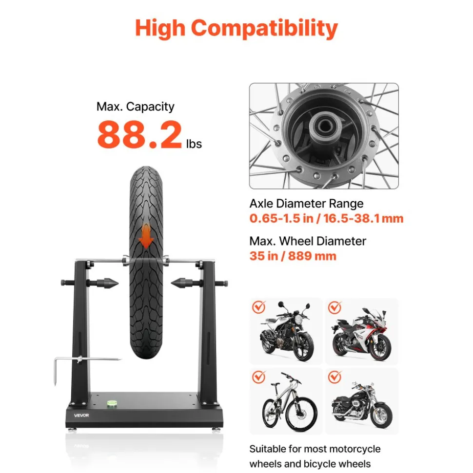 VEVOR Motorcycle Wheel Balancer, 88.2 lbs Capacity, Tire Balancer & Truing Stand with Adjustable Centering Cones and Truing Pointer, Balancing Tools for Most Motorcycles & Bicycles, 32-Inch Wheel Dia