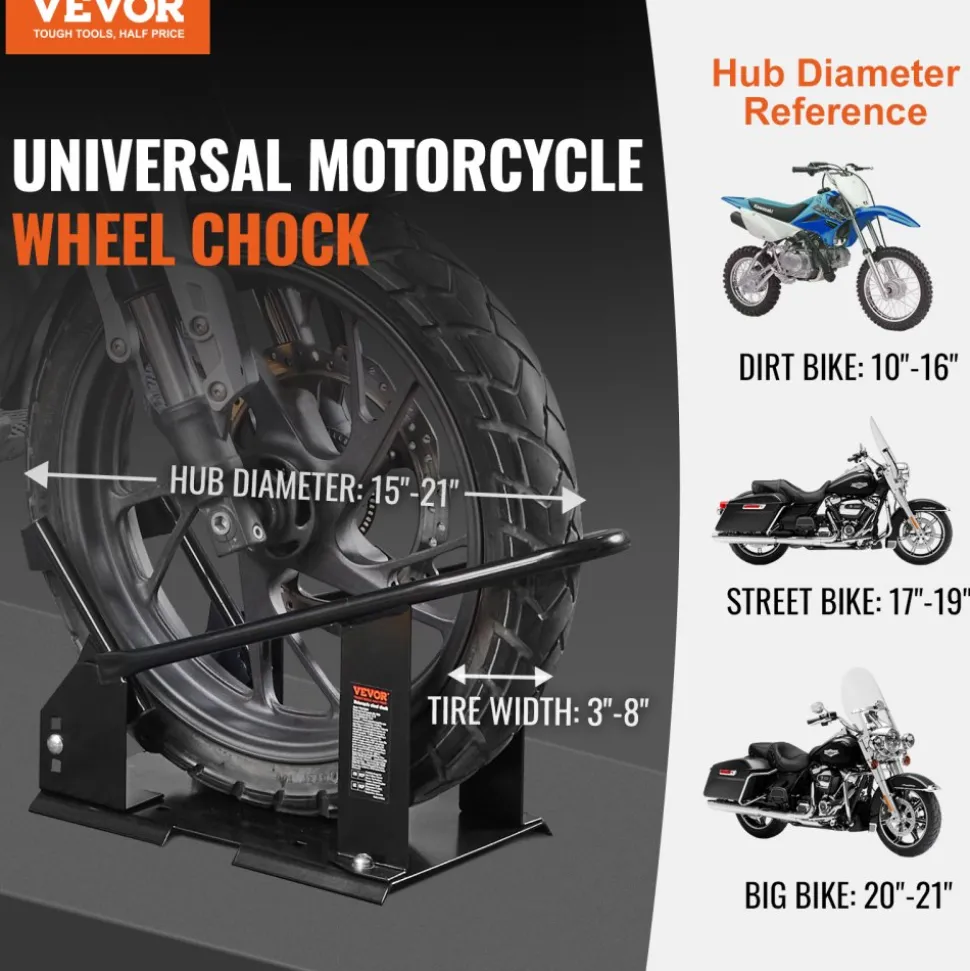 VEVOR Motorcycle Wheel Chock, 1800 lbs Capacity Wheel Cradle Holder, Heavy-duty Steel Motorcycle Front Wheel Stand with 3 Adjustable Holes, For 15"-21" Off-Road Motorcycles, Standard Motorcycles