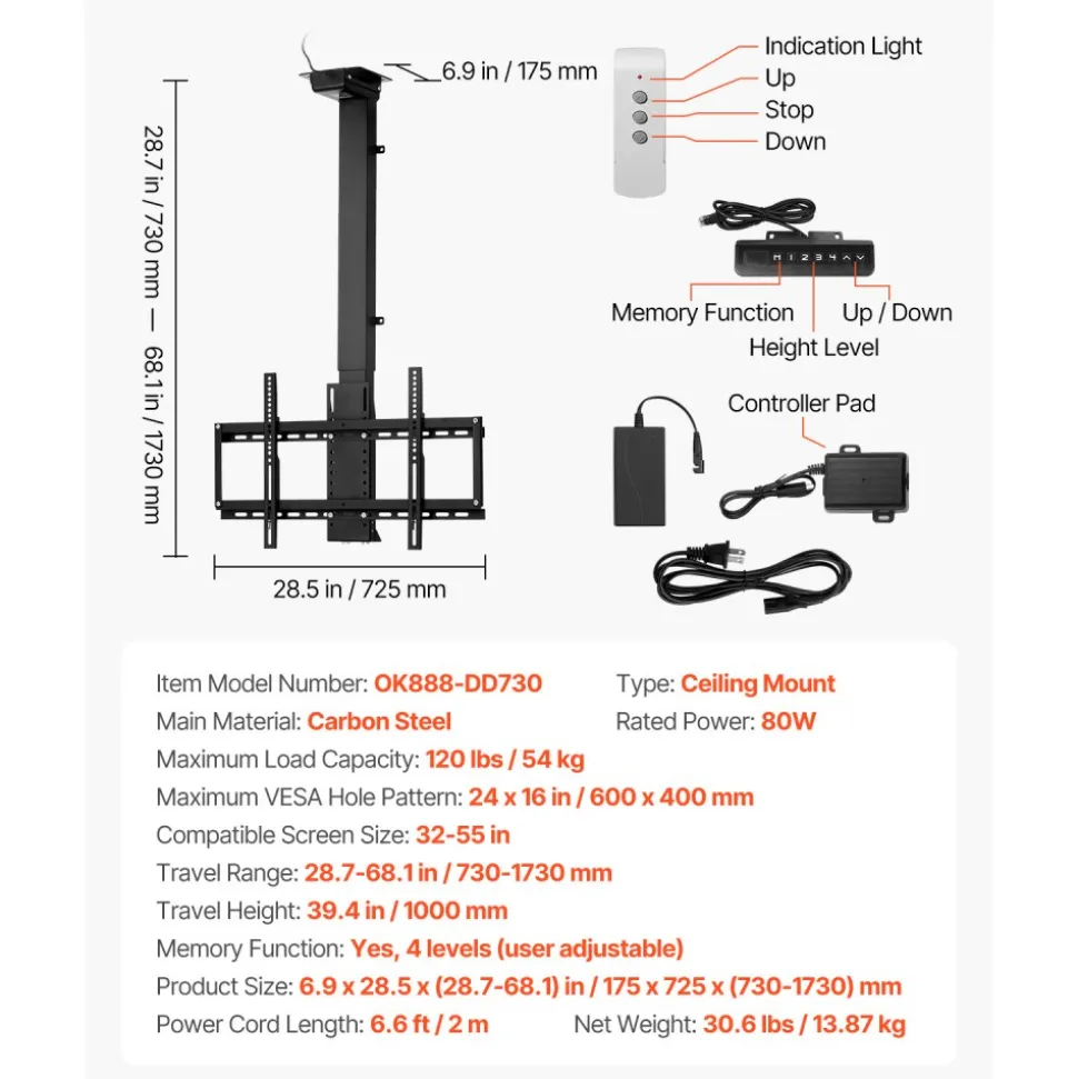 VEVOR Motorized Ceiling TV Mount, TV Wall Mount for 32 to 55 Inch TV, Electric Adjustable Ceiling TV Mount, Motorized Flip Down TV Mount Bracket with Max VESA 24 x 16 in, Fits TVs Up to 120 lbs