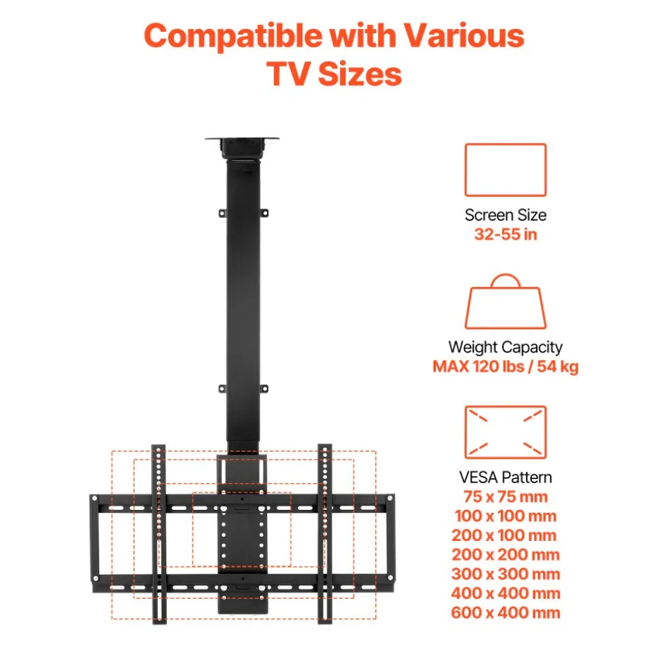 VEVOR Motorized Ceiling TV Mount, TV Wall Mount for 32 to 55 Inch TV, Electric Adjustable Ceiling TV Mount, Motorized Flip Down TV Mount Bracket with Max VESA 24 x 16 in, Fits TVs Up to 120 lbs