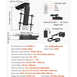 VEVOR Motorized Ceiling TV Mount, TV Wall Mount for 32 to 70 Inch TV, Electric Adjustable Ceiling TV Mount, Motorized Flip Down TV Mount Bracket with Max VESA 24 x 24 in, Fits TVs Up to 110 lbs