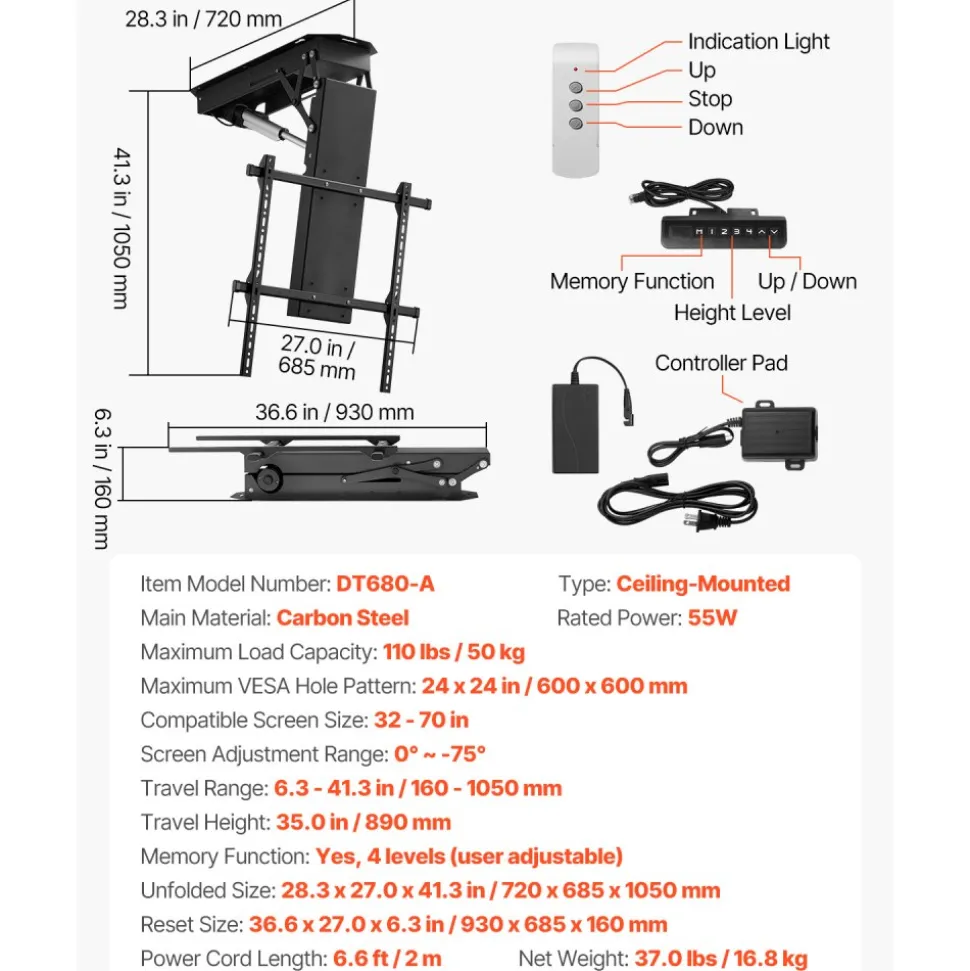 VEVOR Motorized Ceiling TV Mount, TV Wall Mount for 32 to 70 Inch TV, Electric Adjustable Ceiling TV Mount, Motorized Flip Down TV Mount Bracket with Max VESA 24 x 24 in, Fits TVs Up to 110 lbs