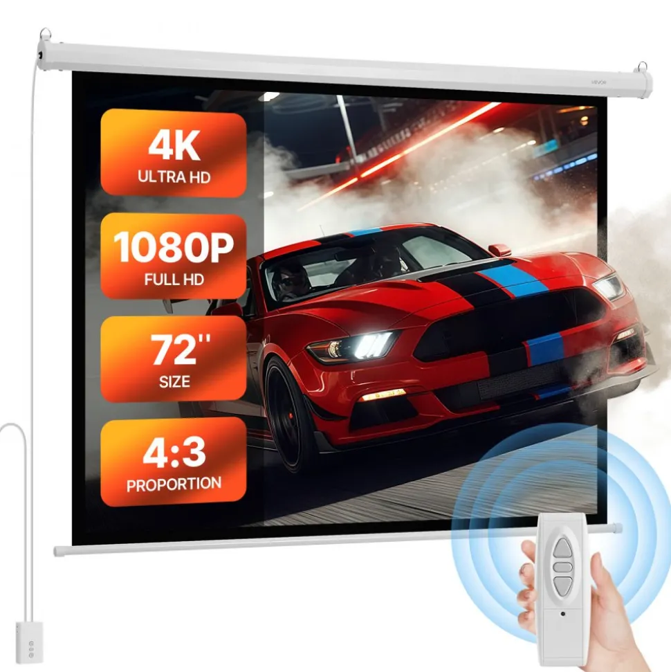 VEVOR Motorized Projector Screen, 72 inch 4:3 1080 HD Electric Projection Screen, Wall Mounted Projection Dispaly Projector with Remote Control, Automatic Movie Screen for Family Home Office Theater