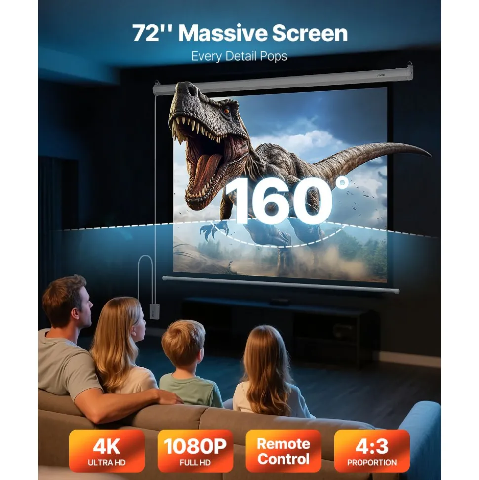 VEVOR Motorized Projector Screen, 72 inch 4:3 1080 HD Electric Projection Screen, Wall Mounted Projection Dispaly Projector with Remote Control, Automatic Movie Screen for Family Home Office Theater