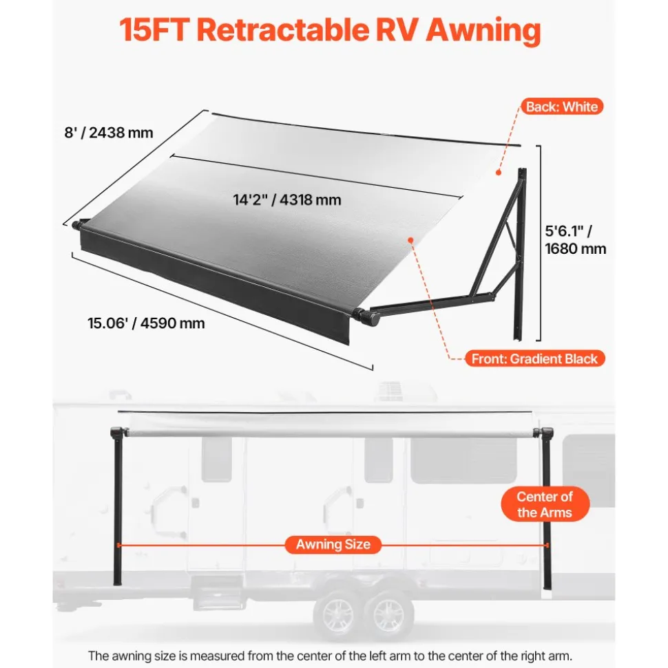 VEVOR Motorized RV Awning Complete Kit, 15.06FT Electric Retractable RV Awning with Aluminum Alloy Frame & Waterproof Fabric, Outdoor Camping Trailer Awnings Fit Most RVs (15FT Type, Gradient Black)