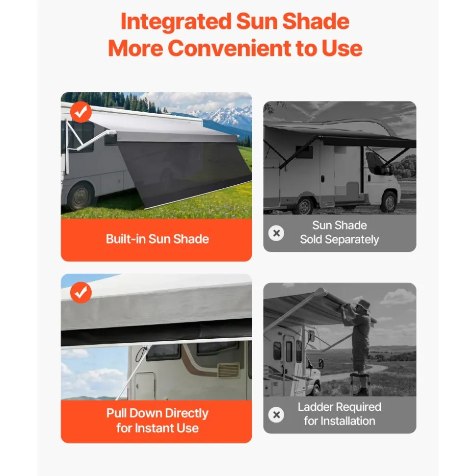 VEVOR Motorized RV Awning Complete Kit & Sunshade Screen, 18.06FT Electric Retractable RV Awning with Aluminum Alloy Frame & Waterproof Fabric, Outdoor Camping Trailer Awnings Fit Most RVs (18FT Type)