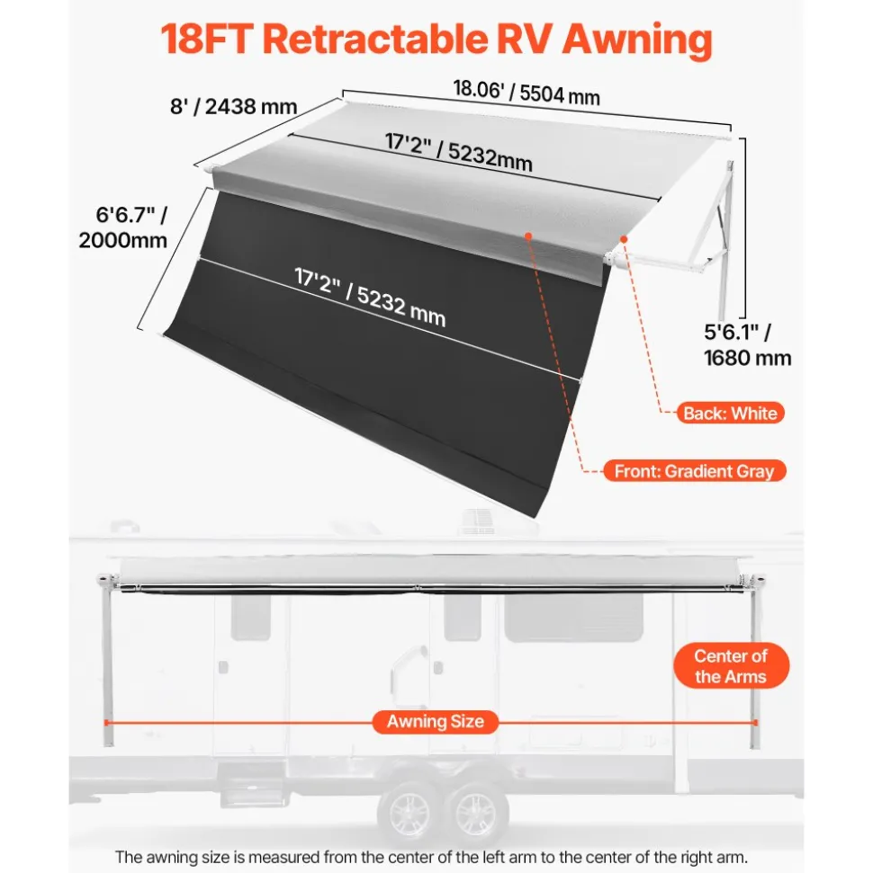 VEVOR Motorized RV Awning Complete Kit & Sunshade Screen, 18.06FT Electric Retractable RV Awning with Aluminum Alloy Frame & Waterproof Fabric, Outdoor Camping Trailer Awnings Fit Most RVs (18FT Type)