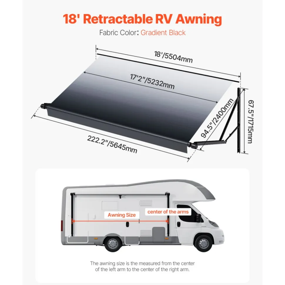 VEVOR Motorized RV Awning Complete Kit, 18' Retractable Awning with Aluminum Alloy Frame, Outdoor Trailer Awning, Fit for Most RVs(Black Fade)