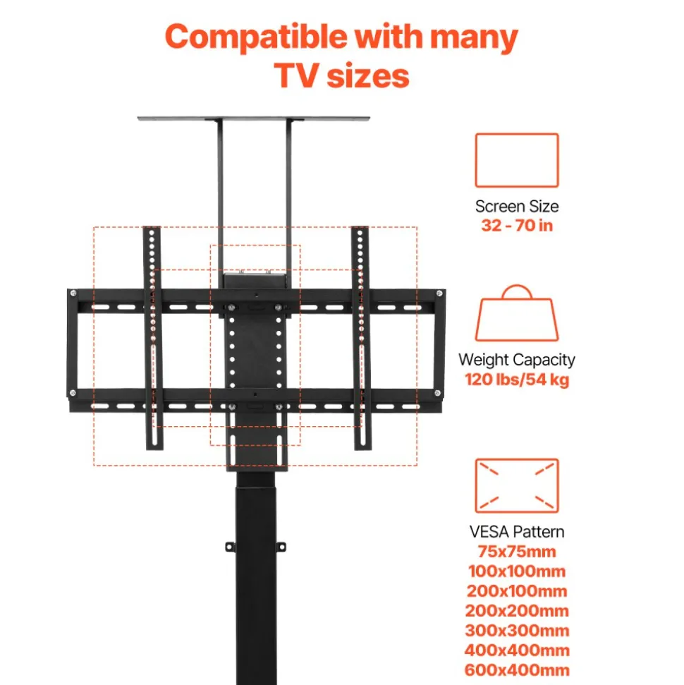 VEVOR Motorized TV Lift Stand, 120 lbs max Load Adjustable TV Lift Stand Mount Bracket, Vertical Electric TV Bracket with Remote Control, Motorized TV Stand with Max VESA 24 x 16 in, for 32-70 in TVs