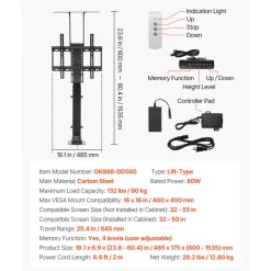 VEVOR Motorized TV Lift Stand, 132 lbs max Load Adjustable TV Lift Stand Mount Bracket, Vertical Electric TV Bracket with Remote Control, for 32-55 in (Not in Cabinet) / 32 - 50 in (in Cabinet) TVs