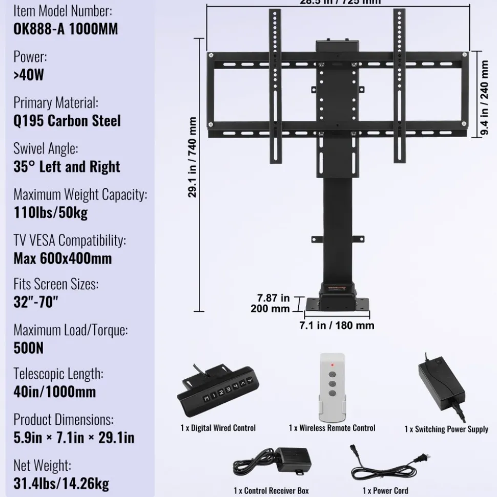 VEVOR Motorized TV Lift with Swivel, Adjustable Height 28.74-68.11 Inch for 32-70 Inch TVs, Remote Controlled, 154 Lbs Capacity, Manual Left/Right Swivel 30°