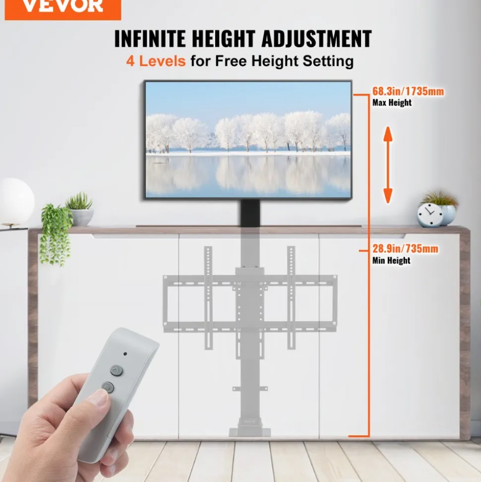 VEVOR Motorized TV Lift with Swivel, Adjustable Height 28.74-68.11 Inch for 32-70 Inch TVs, Remote Controlled, 154 Lbs Capacity, Manual Left/Right Swivel 30°