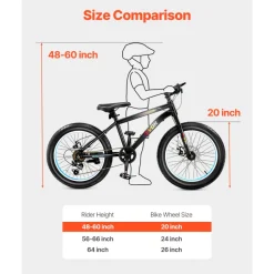 VEVOR Mountain Bike, 20 inch MTB Bicycle with 7 Speeds SHIMANO Twist Shifting, Comfort Saddle, Dual Disc Brakes, High Carbon Steel Frame, Fat Tire Sport Cycling Bicycle for Trail Snow
