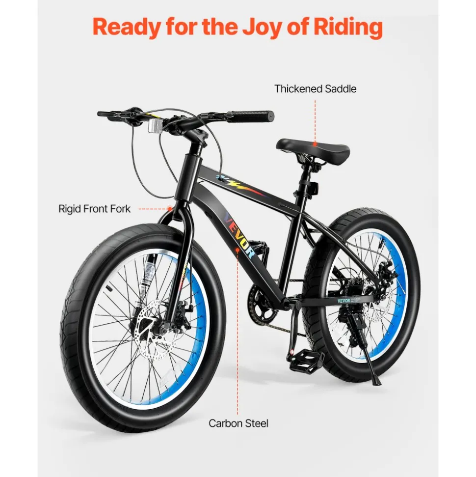 VEVOR Mountain Bike, 20 inch MTB Bicycle with 7 Speeds SHIMANO Twist Shifting, Comfort Saddle, Dual Disc Brakes, High Carbon Steel Frame, Fat Tire Sport Cycling Bicycle for Trail Snow