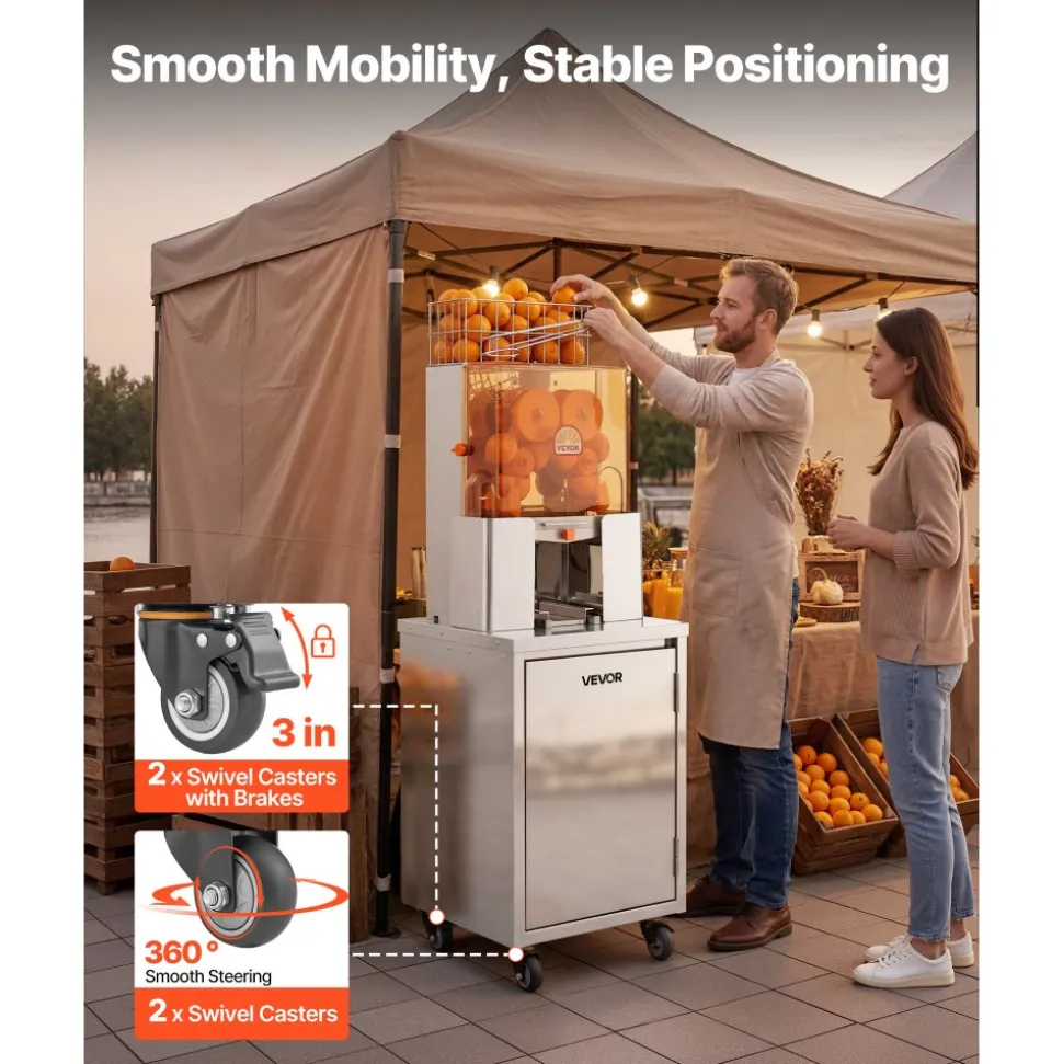 VEVOR Movable Base Cabinet for Orange Juicer, Thickened Stainless Steel, 4 Swivel Casters, Compatible with VEVOR NS2000E-2NS2000E-2TNS2000E-3 Semi-Automatic Feed Orange Juicer, Easy Installation