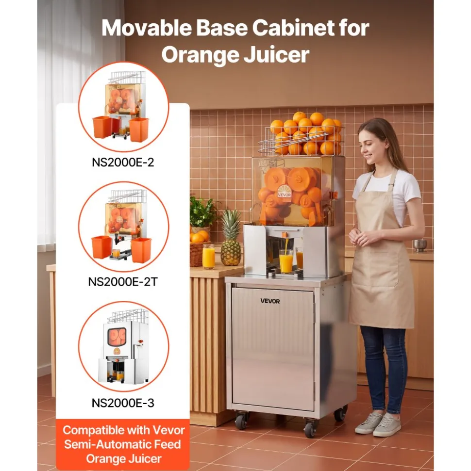 VEVOR Movable Base Cabinet for Orange Juicer, Thickened Stainless Steel, 4 Swivel Casters, Compatible with VEVOR NS2000E-2NS2000E-2TNS2000E-3 Semi-Automatic Feed Orange Juicer, Easy Installation