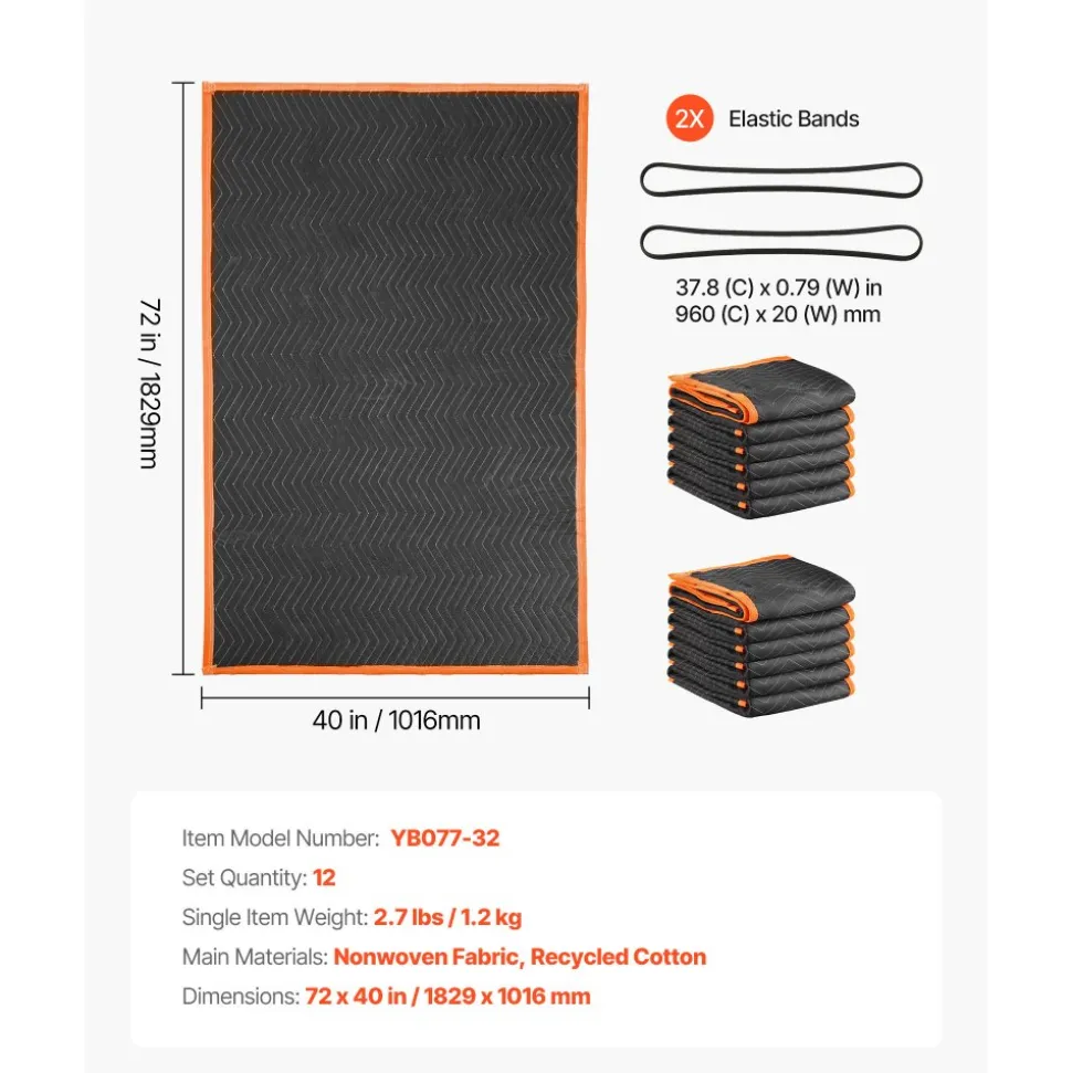 VEVOR Moving Blankets 6 Pcs, 72 x 40 in (32 lbs/dz) Large Packing Blankets with Cotton Filling, Heavy Duty Nonwoven Fabric Padded Moving Blanket for Shipping, Wrapping, Protecting Furniture