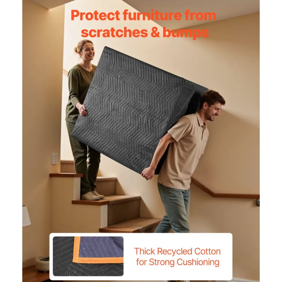VEVOR Moving Blankets 6 Pcs, 72 x 40 in (32 lbs/dz) Large Packing Blankets with Cotton Filling, Heavy Duty Nonwoven Fabric Padded Moving Blanket for Shipping, Wrapping, Protecting Furniture