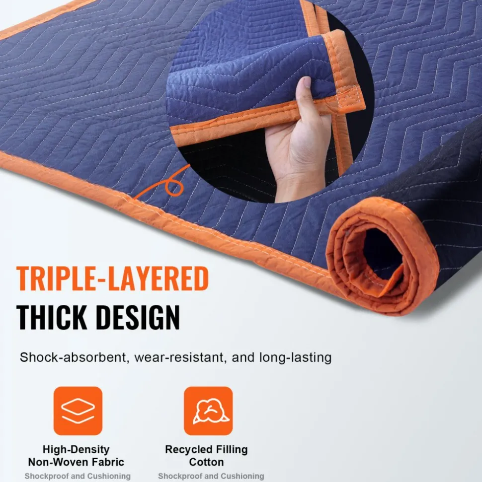 VEVOR Moving Blankets, 80" x 72", 65 lbs/dz Weight, 12 Packs, Professional Non-Woven & Recycled Cotton Packing Blanket, Heavy Duty Mover Pads for Protecting Furniture, Floors, Appliances, Blue/Orange
