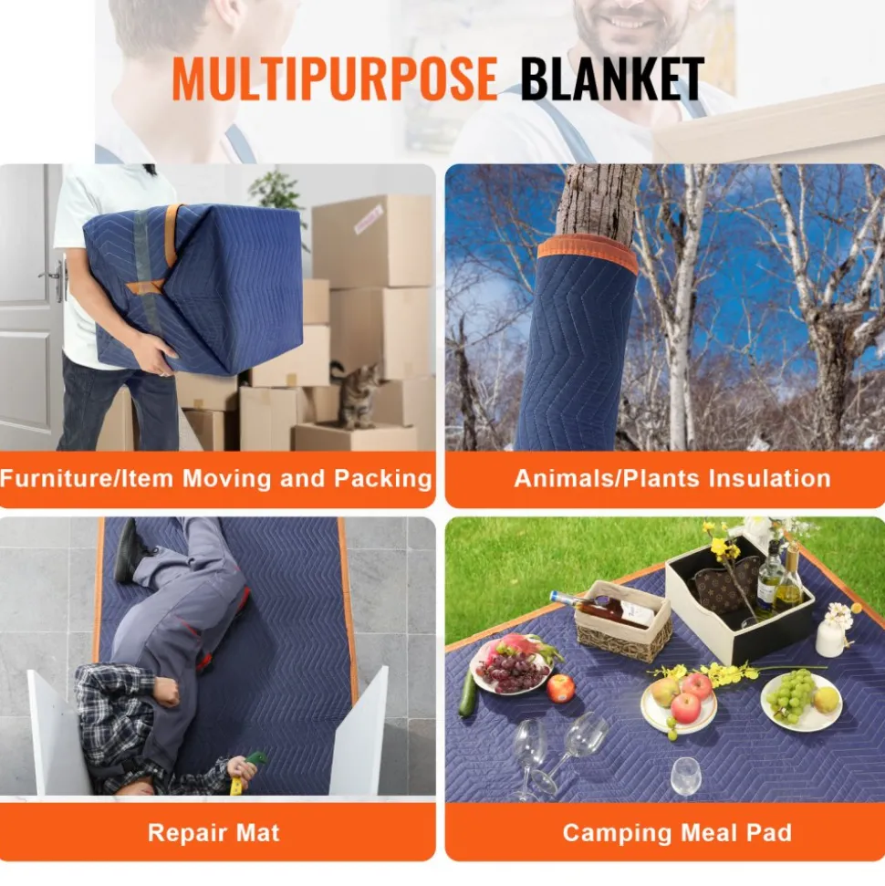 VEVOR Moving Blankets, 80" x 72", 65 lbs/dz Weight, 12 Packs, Professional Non-Woven & Recycled Cotton Packing Blanket, Heavy Duty Mover Pads for Protecting Furniture, Floors, Appliances, Blue/Orange