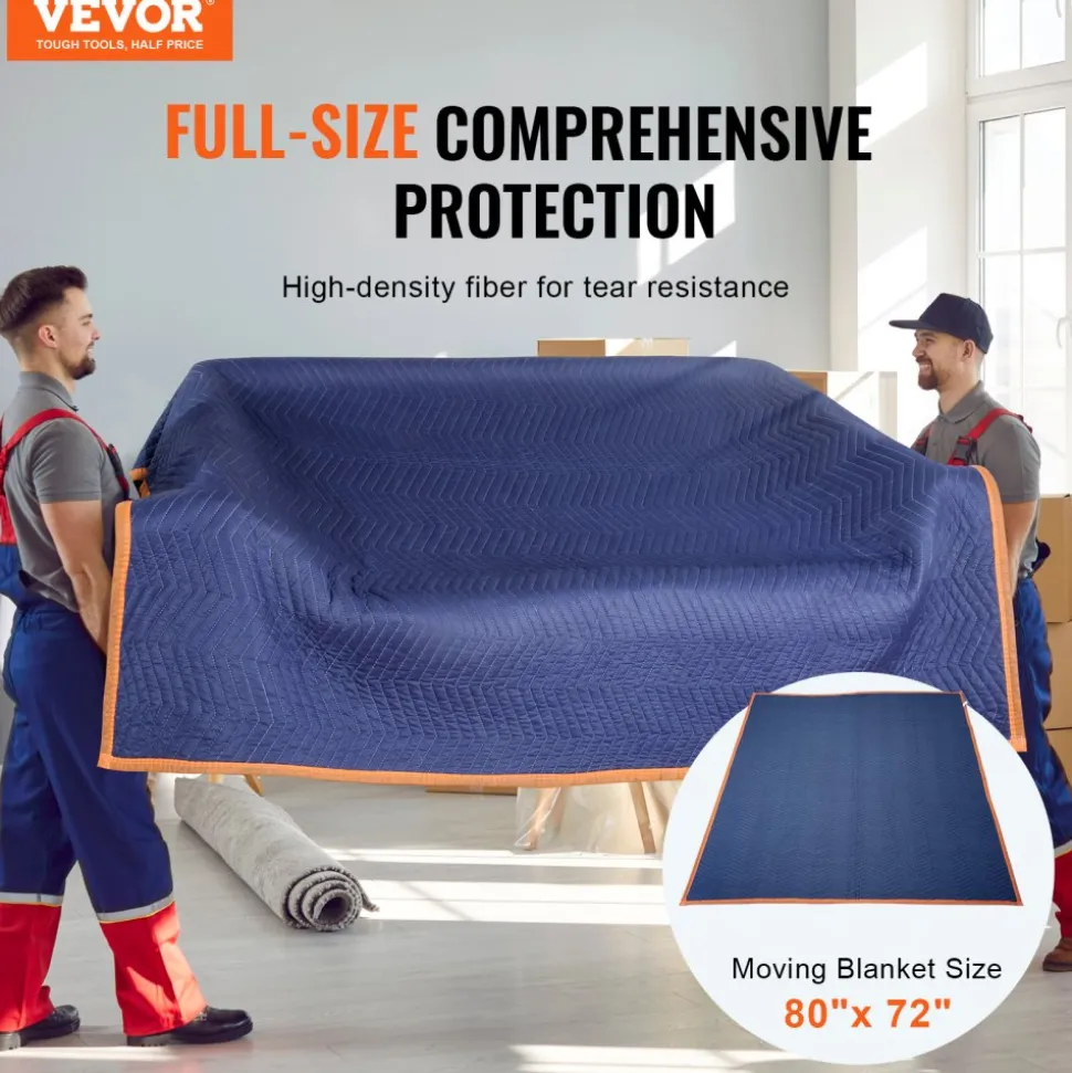 VEVOR Moving Blankets, 80" x 72", 65 lbs/dz Weight, 12 Packs, Professional Non-Woven & Recycled Cotton Packing Blanket, Heavy Duty Mover Pads for Protecting Furniture, Floors, Appliances, Blue/Orange