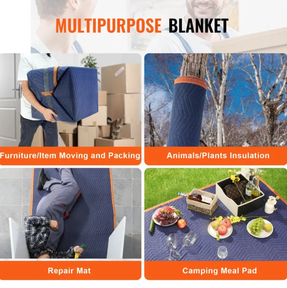 VEVOR Moving Blankets, 80" x 72", 35 lbs/dz Weight, 12 Packs, Professional Non-Woven & Recycled Cotton Packing Blanket, Heavy Duty Mover Pads for Protecting Furniture, Floors, Appliances, Blue/Orange