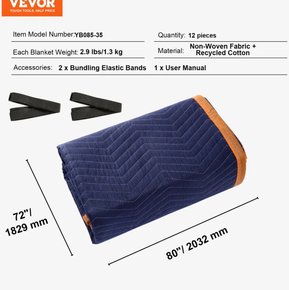 VEVOR Moving Blankets, 80" x 72", 35 lbs/dz Weight, 12 Packs, Professional Non-Woven & Recycled Cotton Packing Blanket, Heavy Duty Mover Pads for Protecting Furniture, Floors, Appliances, Blue/Orange