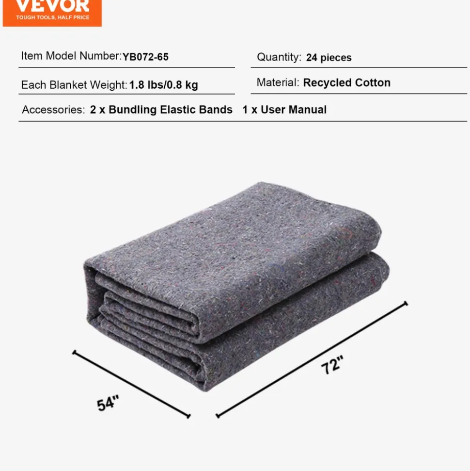 VEVOR Moving Blankets, 72" x 54", 21 lbs/dz Weight, 24 Packs, Professional Recycled Cotton Packing Blanket, Large Heavy Duty Shipping Mover Pads Perfect for Protecting Furniture, Floors, Appliances