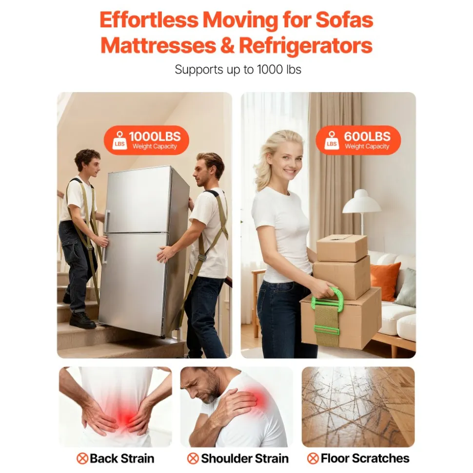 VEVOR Moving Straps, 2-Person Lifting and Moving System with 2 Harness Straps, 2 Load-bearing Straps & 1 Handheld Strap, Adjustable Lifting Shoulder Straps Move Furniture Appliances Mattresses