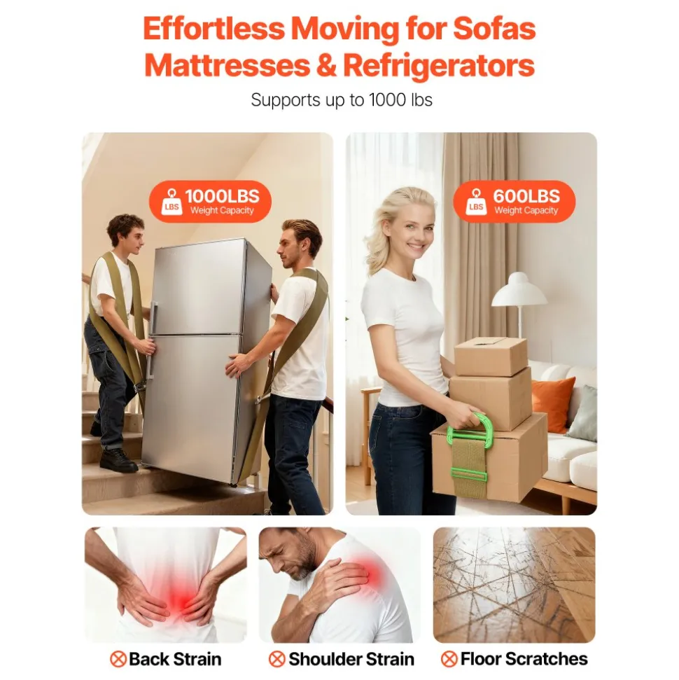 VEVOR Moving Straps, 2-Person Lifting and Moving System with 2 Harness Straps, 1 Load-bearing Strap & 1 Handheld Strap, Adjustable Lifting Shoulder Straps Move Furniture Appliances Mattresses