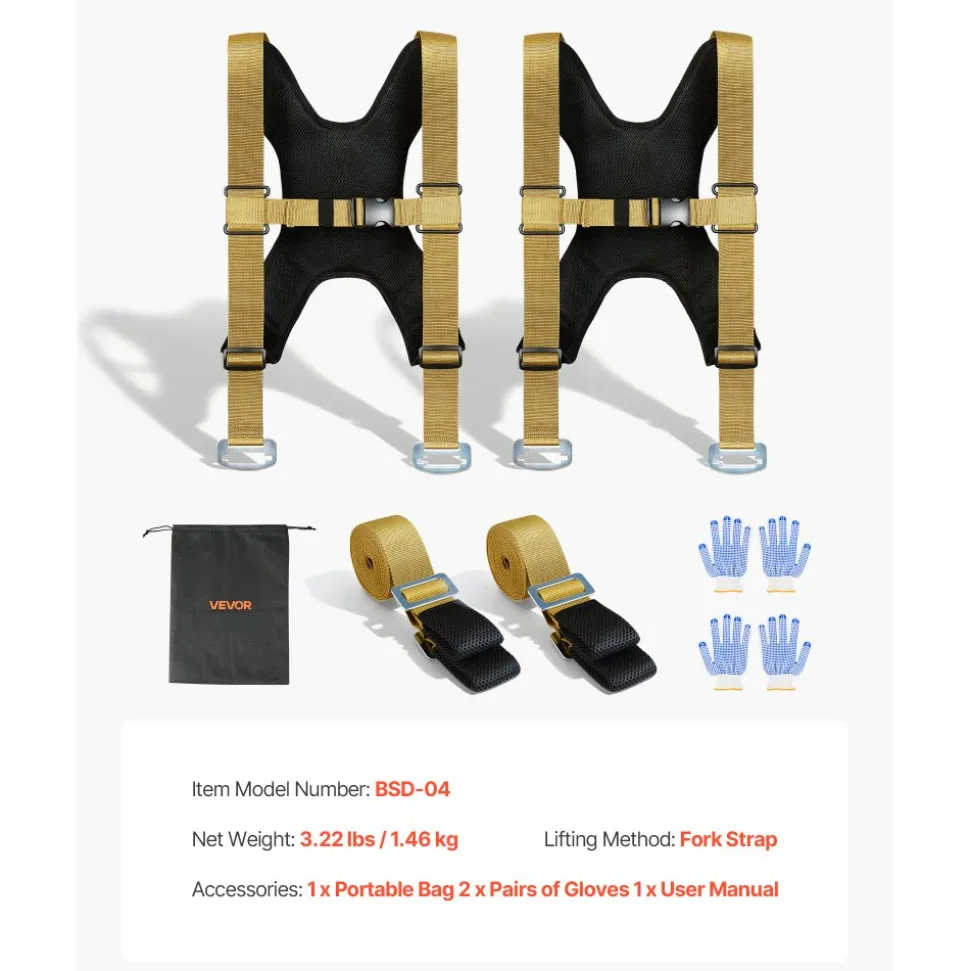 VEVOR Moving Straps, Supports up to 1000 lbs, 2-Person Lifting and Moving System with 2 Harness Straps & 2 Load-bearing Straps, Adjustable Lifting Straps for Moving Furniture Appliances Mattresses