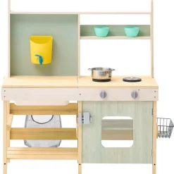 VEVOR Mud Kitchen for Kids, Wooden Toy Play Kitchen Set, Outdoor Toddler Grocery Store Playset, Pretend Play Kitchen with Stoves, Tank, Faucet, Storage Bag, Metal Baskets, and Cookware Pots