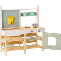 VEVOR Mud Kitchen for Kids, Wooden Toy Play Kitchen Set, Outdoor Toddler Grocery Store Playset, Pretend Play Kitchen with Stoves, Tank, Faucet, Storage Bag, Metal Baskets, and Cookware Pots