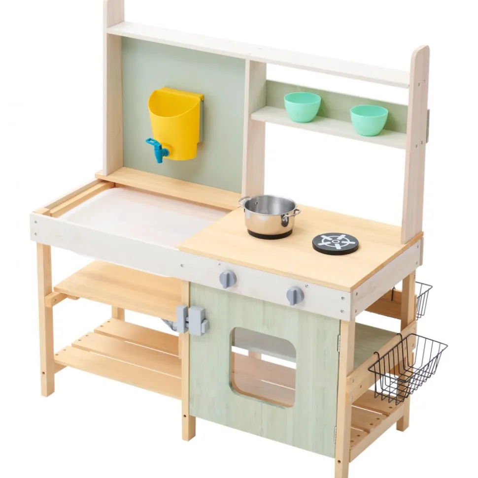 VEVOR Mud Kitchen for Kids, Wooden Toy Play Kitchen Set, Outdoor Toddler Grocery Store Playset, Pretend Play Kitchen with Stoves, Tank, Faucet, Storage Bag, Metal Baskets, and Cookware Pots
