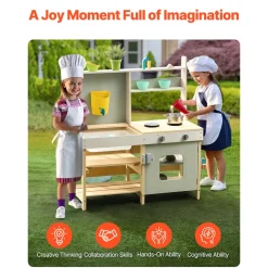 VEVOR Mud Kitchen for Kids, Wooden Toy Play Kitchen Set, Outdoor Toddler Grocery Store Playset, Pretend Play Kitchen with Stoves, Tank, Faucet, Storage Bag, Metal Baskets, and Cookware Pots