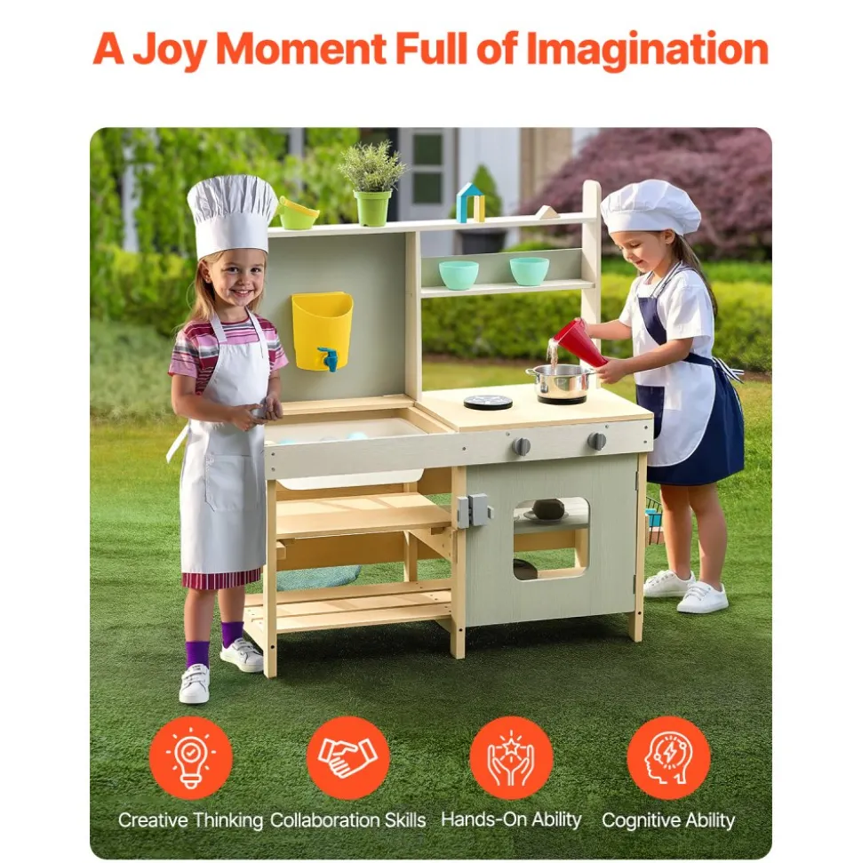 VEVOR Mud Kitchen for Kids, Wooden Toy Play Kitchen Set, Outdoor Toddler Grocery Store Playset, Pretend Play Kitchen with Stoves, Tank, Faucet, Storage Bag, Metal Baskets, and Cookware Pots