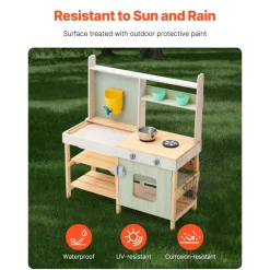 VEVOR Mud Kitchen for Kids, Wooden Toy Play Kitchen Set, Outdoor Toddler Grocery Store Playset, Pretend Play Kitchen with Stoves, Tank, Faucet, Storage Bag, Metal Baskets, and Cookware Pots