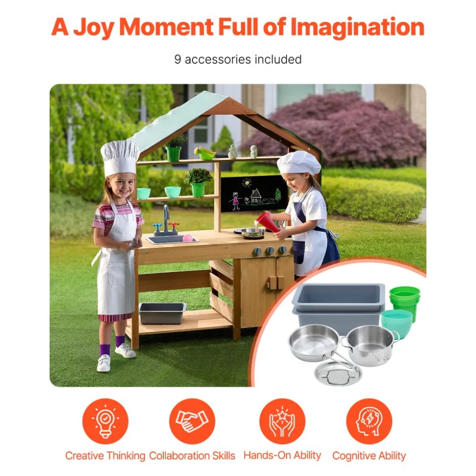 VEVOR Mud Kitchen for Kids, Wooden Toy Play Kitchen Set with Accessories, Outdoor Toddler Grocery Store Playset, Pretend Play Kitchen with Stoves, Planter Boxes, Sink, Faucet, Blackboard, Cookware Pot