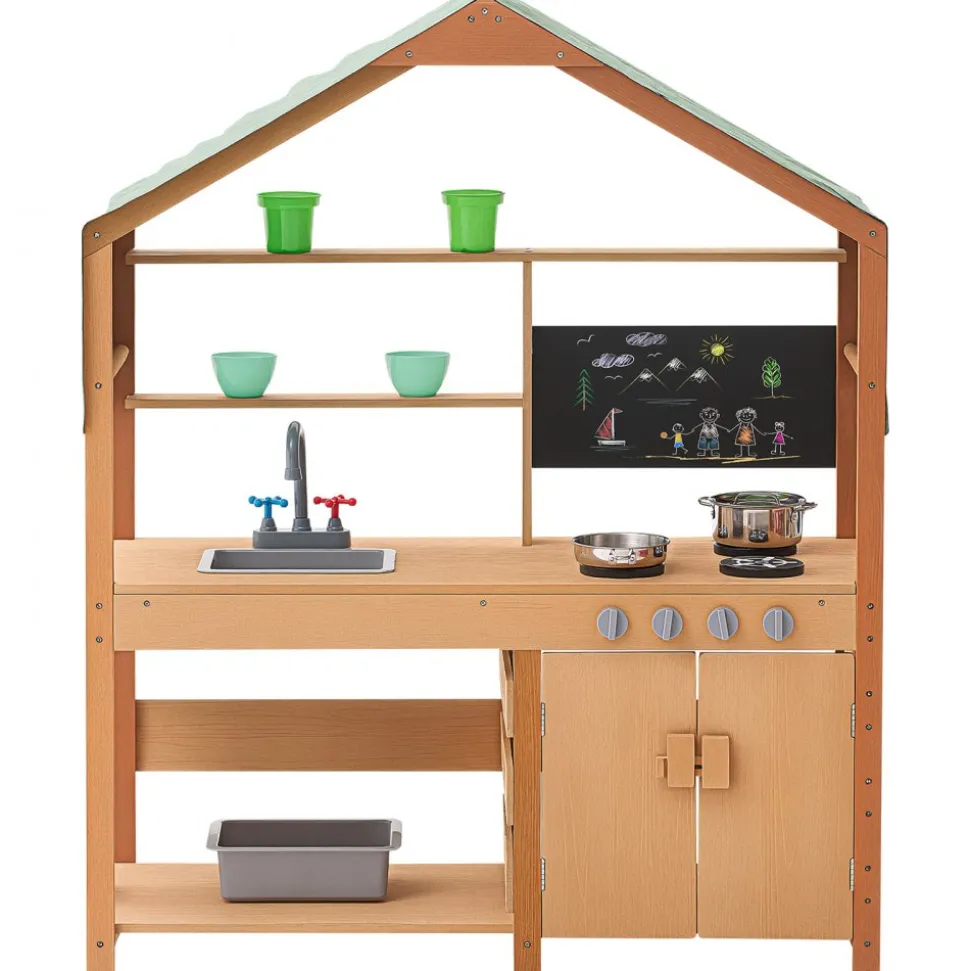 VEVOR Mud Kitchen for Kids, Wooden Toy Play Kitchen Set with Accessories, Outdoor Toddler Grocery Store Playset, Pretend Play Kitchen with Stoves, Planter Boxes, Sink, Faucet, Blackboard, Cookware Pot