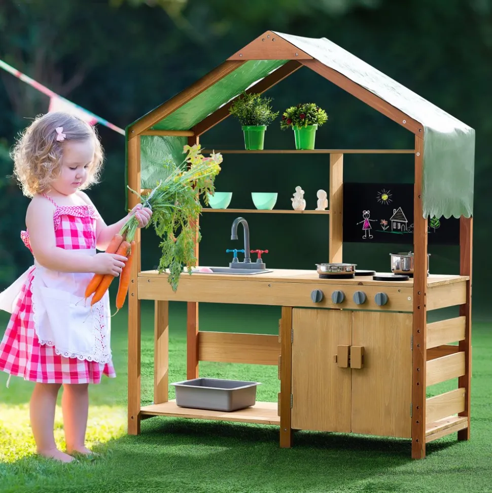 VEVOR Mud Kitchen for Kids, Wooden Toy Play Kitchen Set with Accessories, Outdoor Toddler Grocery Store Playset, Pretend Play Kitchen with Stoves, Planter Boxes, Sink, Faucet, Blackboard, Cookware Pot