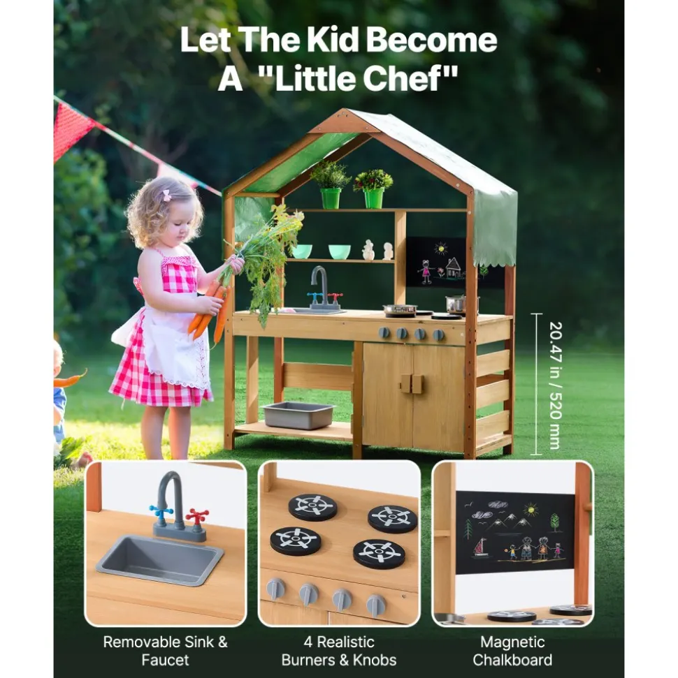 VEVOR Mud Kitchen for Kids, Wooden Toy Play Kitchen Set with Accessories, Outdoor Toddler Grocery Store Playset, Pretend Play Kitchen with Stoves, Planter Boxes, Sink, Faucet, Blackboard, Cookware Pot