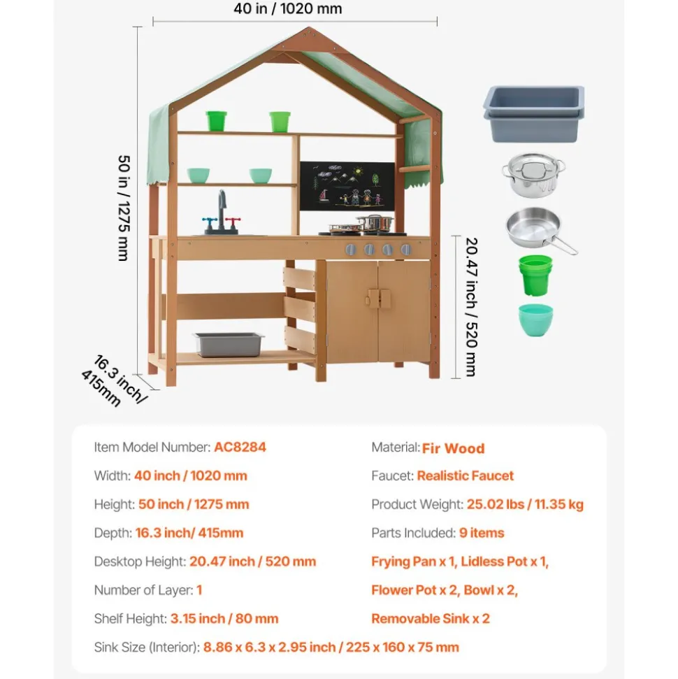 VEVOR Mud Kitchen for Kids, Wooden Toy Play Kitchen Set with Accessories, Outdoor Toddler Grocery Store Playset, Pretend Play Kitchen with Stoves, Planter Boxes, Sink, Faucet, Blackboard, Cookware Pot