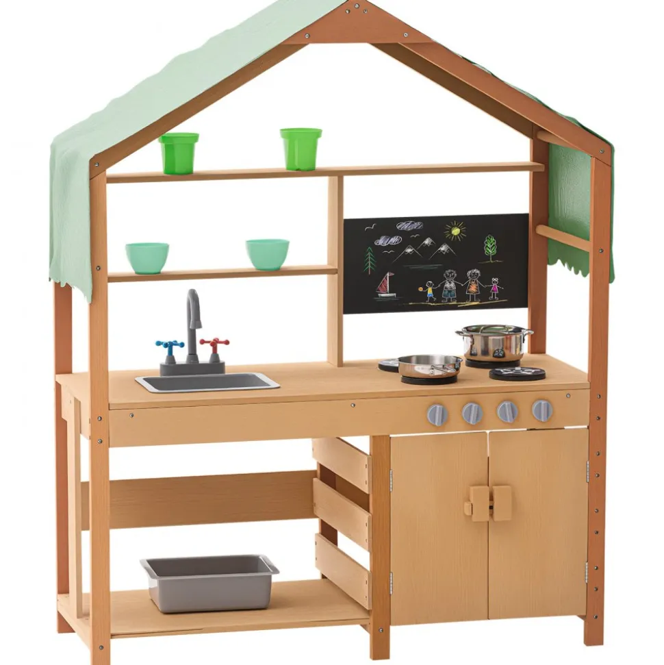 VEVOR Mud Kitchen for Kids, Wooden Toy Play Kitchen Set with Accessories, Outdoor Toddler Grocery Store Playset, Pretend Play Kitchen with Stoves, Planter Boxes, Sink, Faucet, Blackboard, Cookware Pot