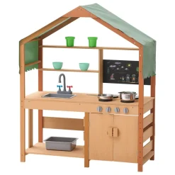 VEVOR Mud Kitchen for Kids, Wooden Toy Play Kitchen Set with Accessories, Outdoor Toddler Grocery Store Playset, Pretend Play Kitchen with Stoves, Planter Boxes, Sink, Faucet, Blackboard, Cookware Pot