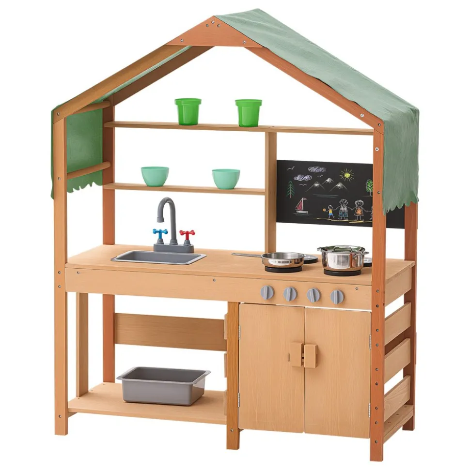 VEVOR Mud Kitchen for Kids, Wooden Toy Play Kitchen Set with Accessories, Outdoor Toddler Grocery Store Playset, Pretend Play Kitchen with Stoves, Planter Boxes, Sink, Faucet, Blackboard, Cookware Pot