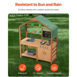 VEVOR Mud Kitchen for Kids, Wooden Toy Play Kitchen Set with Accessories, Outdoor Toddler Grocery Store Playset, Pretend Play Kitchen with Stoves, Planter Boxes, Sink, Faucet, Blackboard, Cookware Pot