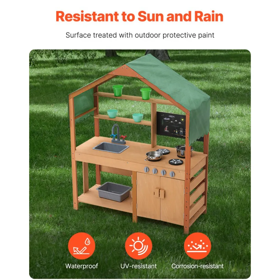VEVOR Mud Kitchen for Kids, Wooden Toy Play Kitchen Set with Accessories, Outdoor Toddler Grocery Store Playset, Pretend Play Kitchen with Stoves, Planter Boxes, Sink, Faucet, Blackboard, Cookware Pot