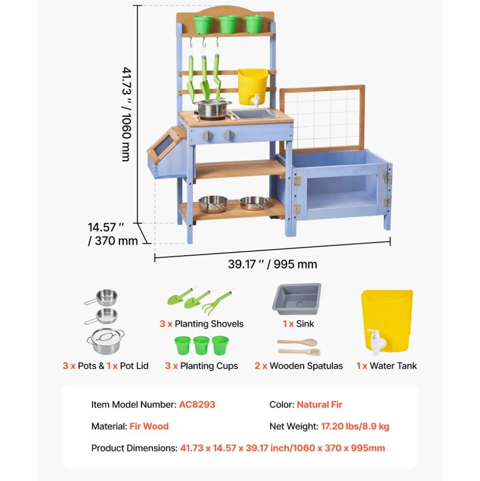 VEVOR Mud Kitchen, Outdoor Mud Kitchen for Kids, Wood Outdoor Play Kitchens with Planting Box, Critter Catcher Container, Tank, Sink, Cookware Pots and Accessories, Wooden Play Kitchens for Lawn, Yard