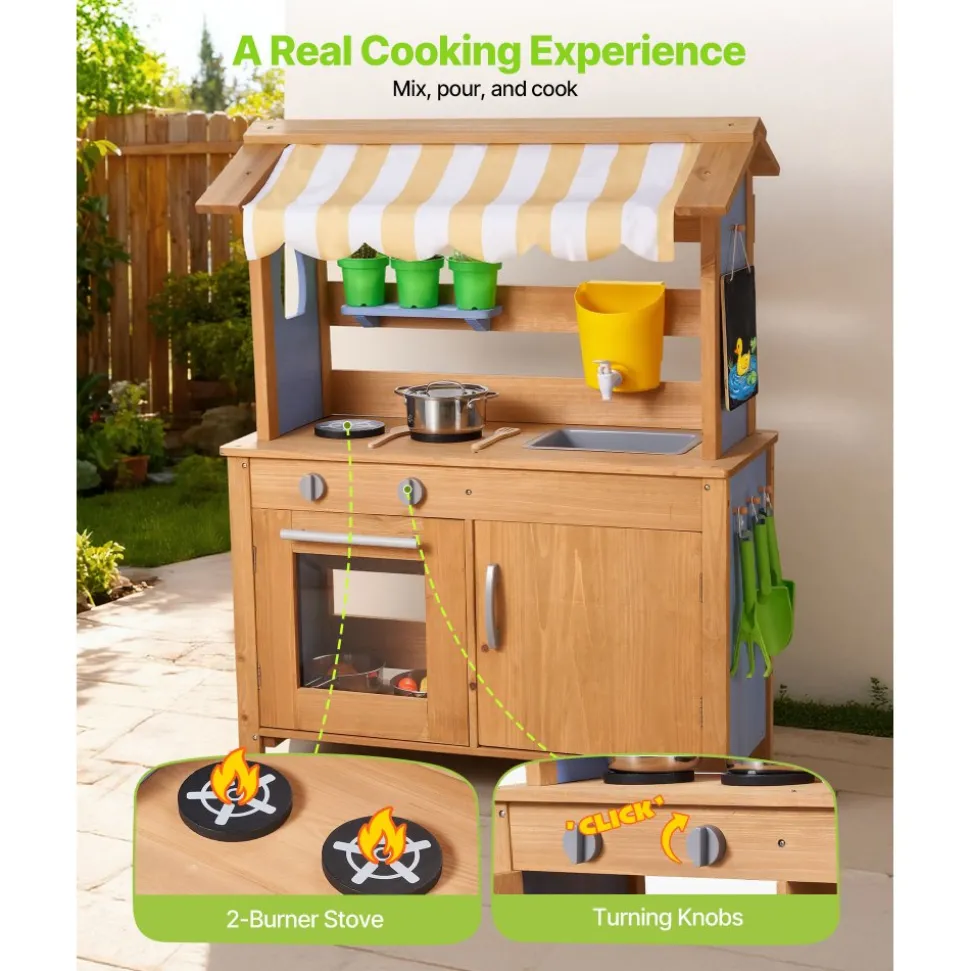 VEVOR Mud Kitchen, Outdoor Mud Kitchen for Kids, Wood Outdoor Play Kitchens with Stoves, Tank, Sink, Planting Shovels, Spatulas, Box, Cookware Pots and Accessories, Wooden Play Kitchens for Home, Lawn
